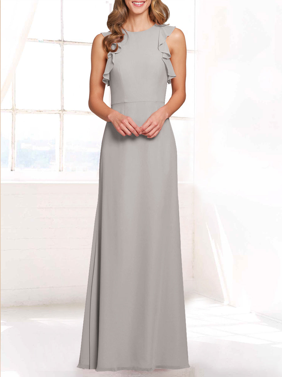 Chiffon Column Boat Neck Sleeveless Bridesmaid Dress-MB53421