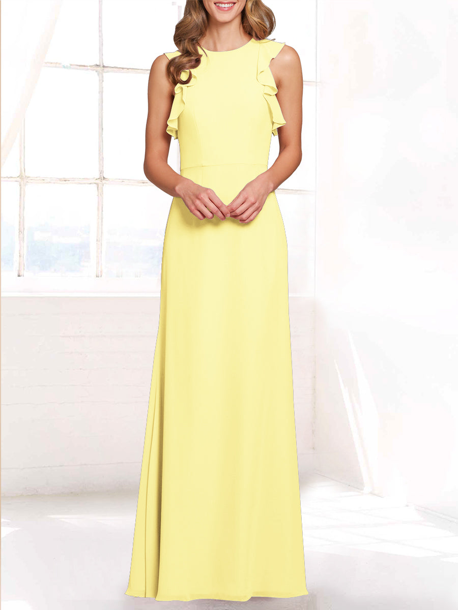 Chiffon Column Boat Neck Sleeveless Bridesmaid Dress-MB53421