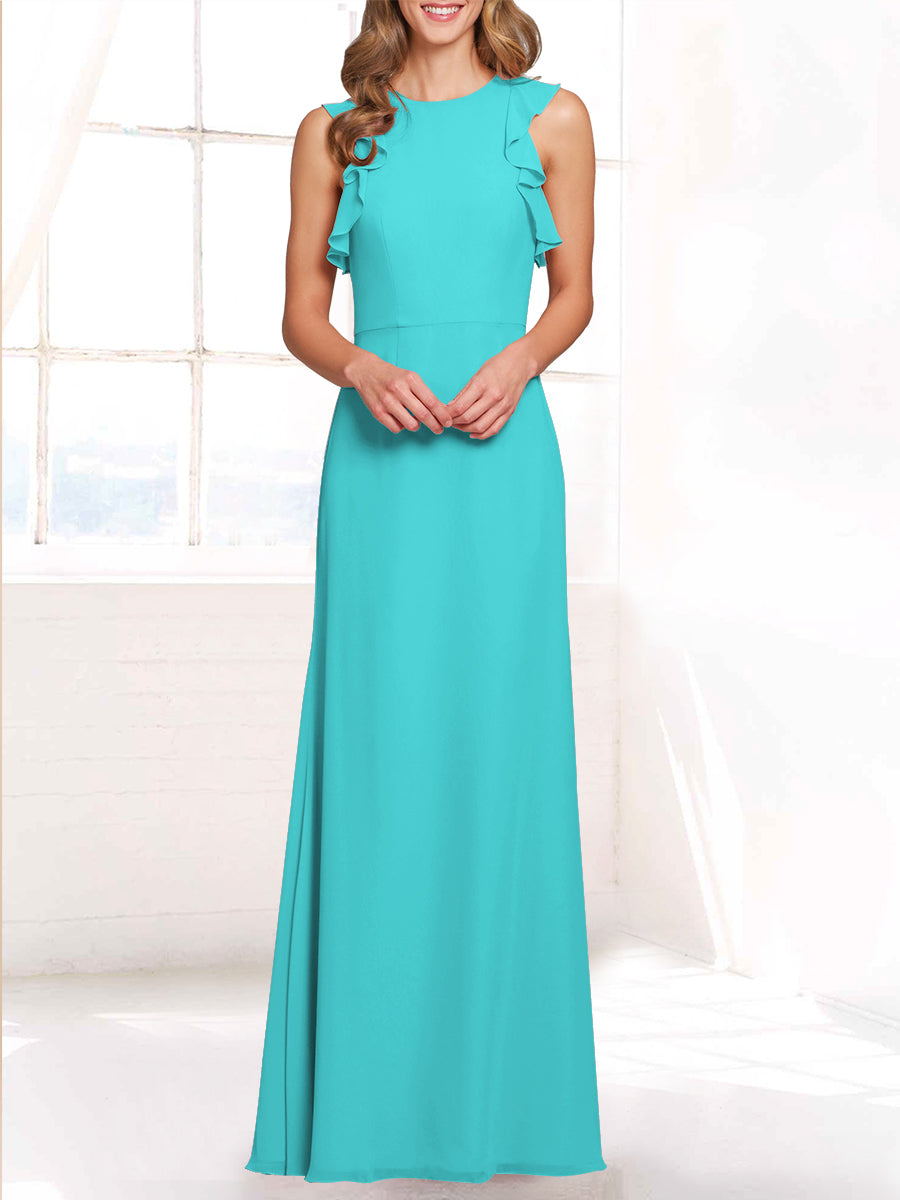 Chiffon Column Boat Neck Sleeveless Bridesmaid Dress-MB53421