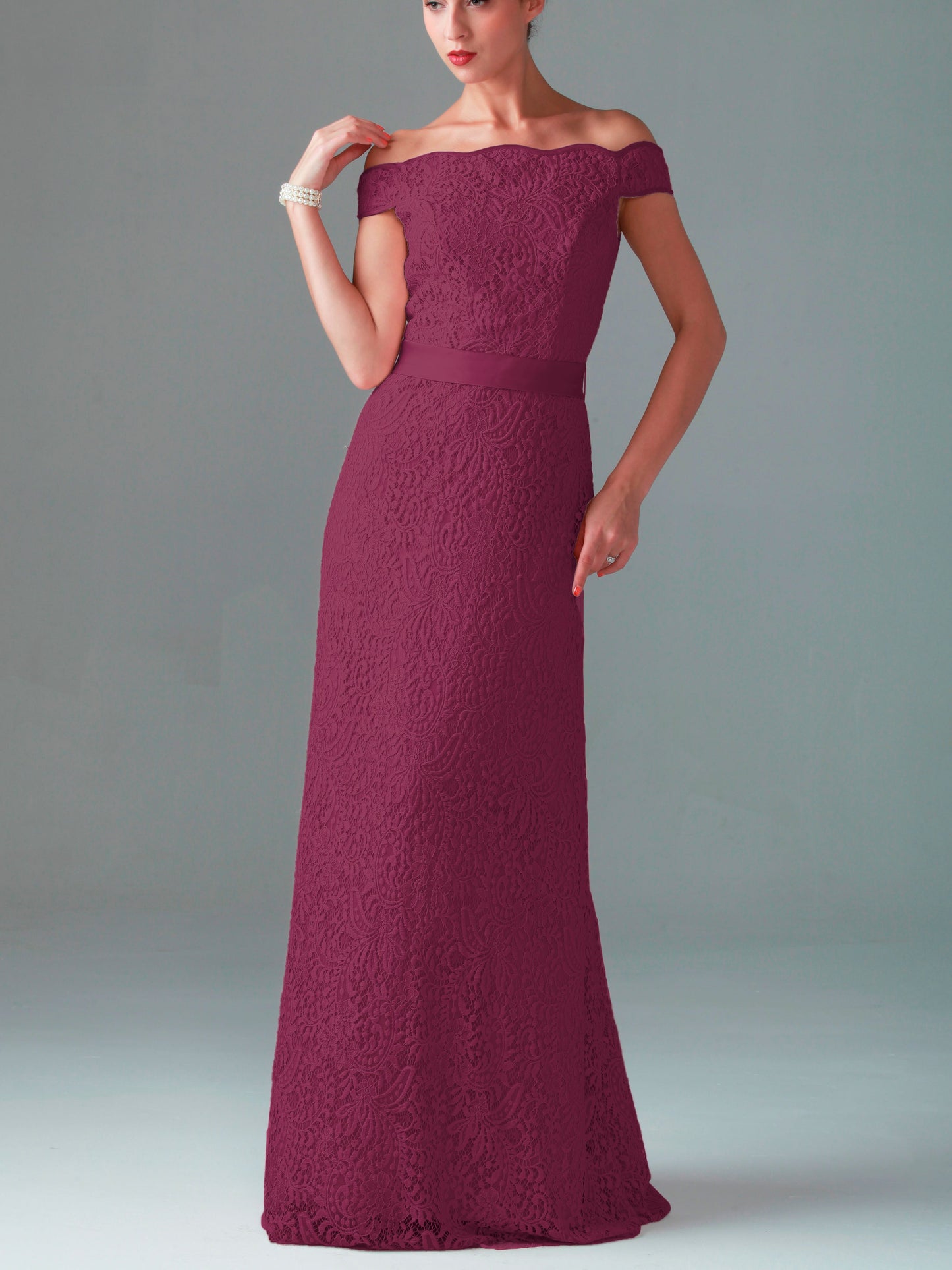 Lace Column Off the Shoulder Short Sleeves Bridesmaid Dress-MB0117063