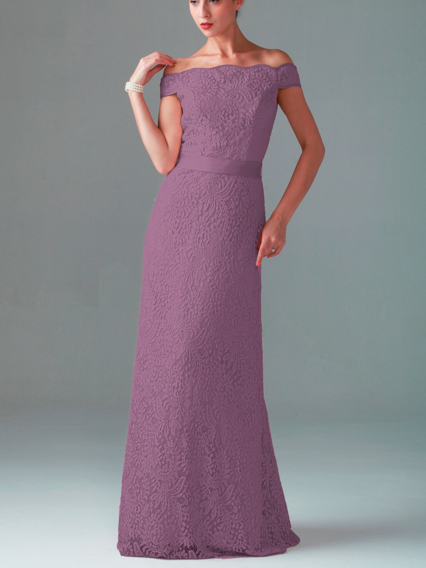 Lace Column Off the Shoulder Short Sleeves Bridesmaid Dress-MB0117063