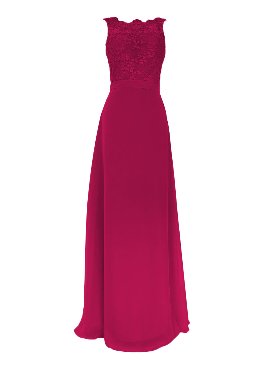 Lace Column Scalloped Edge Sleeveless Bridesmaid Dress-MB0117909
