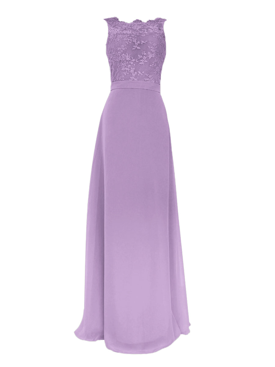 Lace Column Scalloped Edge Sleeveless Bridesmaid Dress-MB0117909