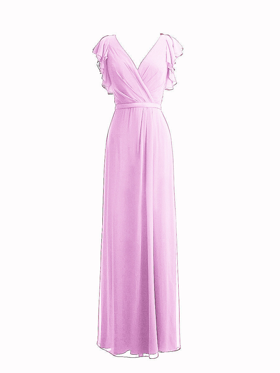 Chiffon Column V-Neck Sheer Sleeves Bridesmaid Dress-MB0117919