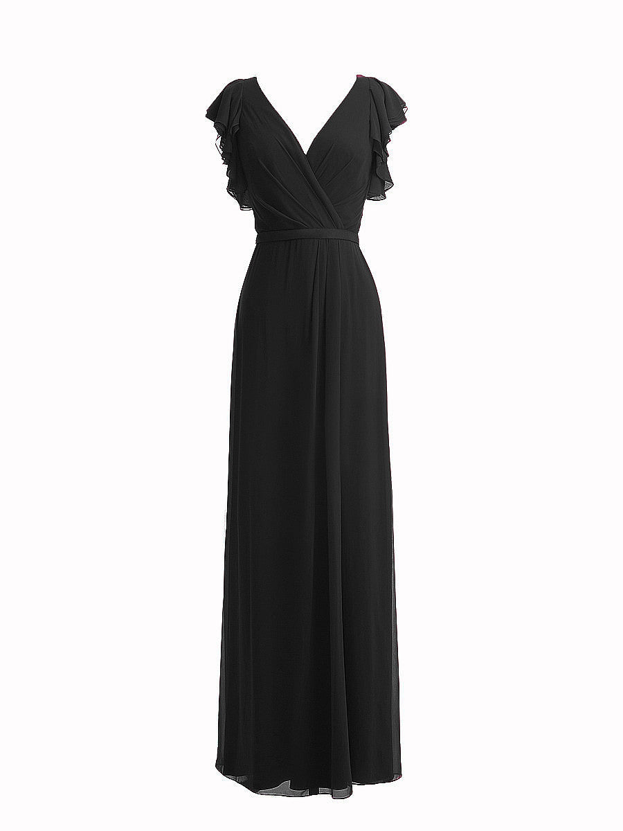 Chiffon Column V-Neck Sheer Sleeves Bridesmaid Dress-MB0117919