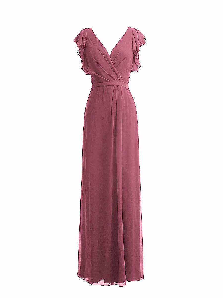 Chiffon Column V-Neck Sheer Sleeves Bridesmaid Dress-MB0117919