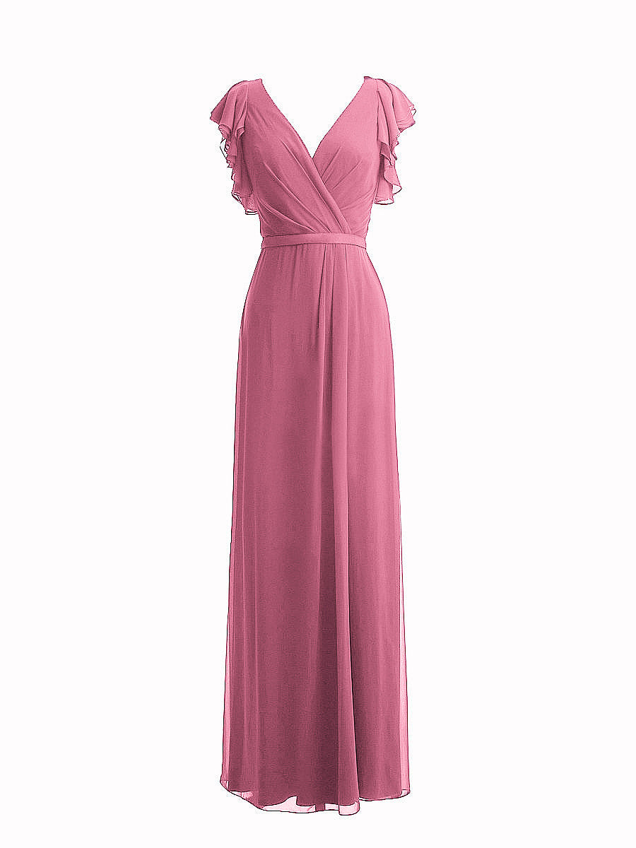 Chiffon Column V-Neck Sheer Sleeves Bridesmaid Dress-MB0117919