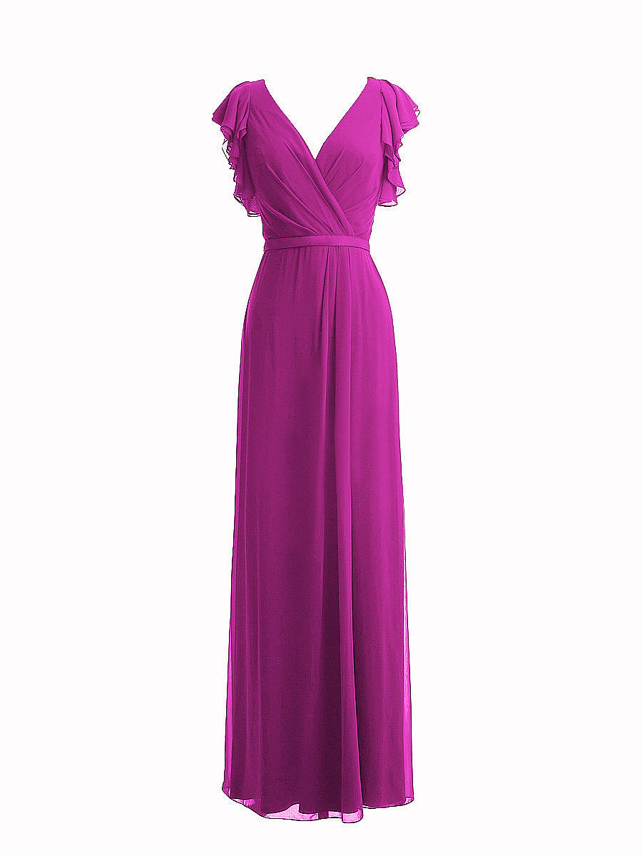 Chiffon Column V-Neck Sheer Sleeves Bridesmaid Dress-MB0117919