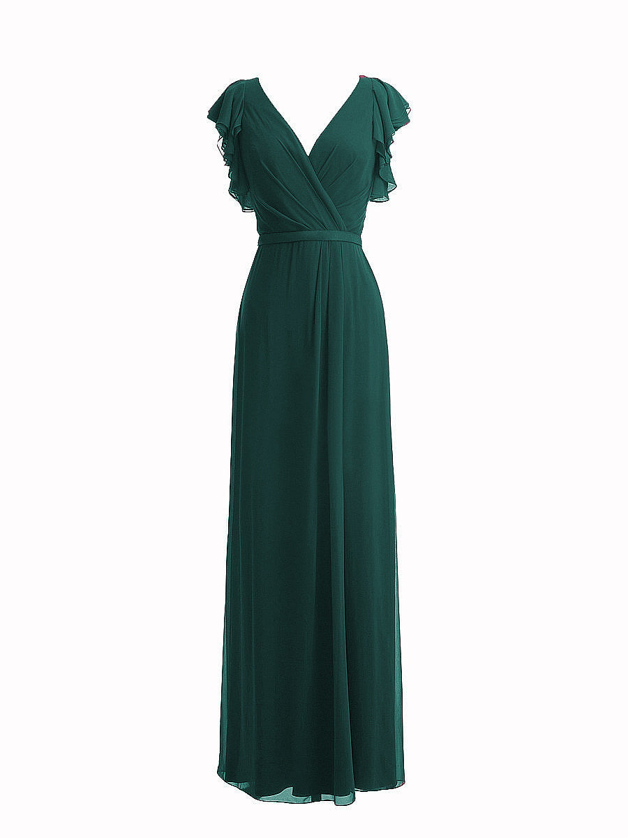 Chiffon Column V-Neck Sheer Sleeves Bridesmaid Dress-MB0117919