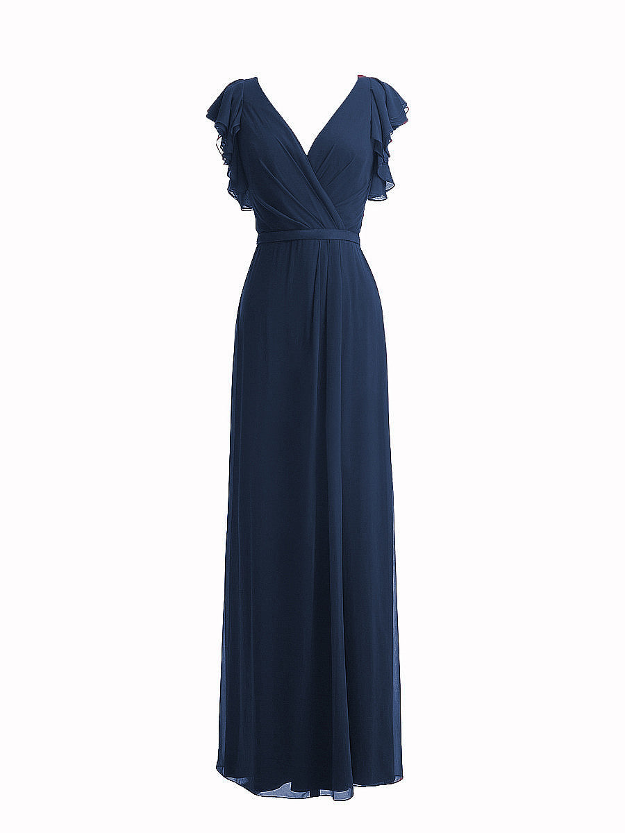 Chiffon Column V-Neck Sheer Sleeves Bridesmaid Dress-MB0117919