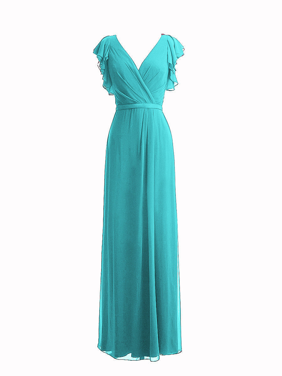 Chiffon Column V-Neck Sheer Sleeves Bridesmaid Dress-MB0117919