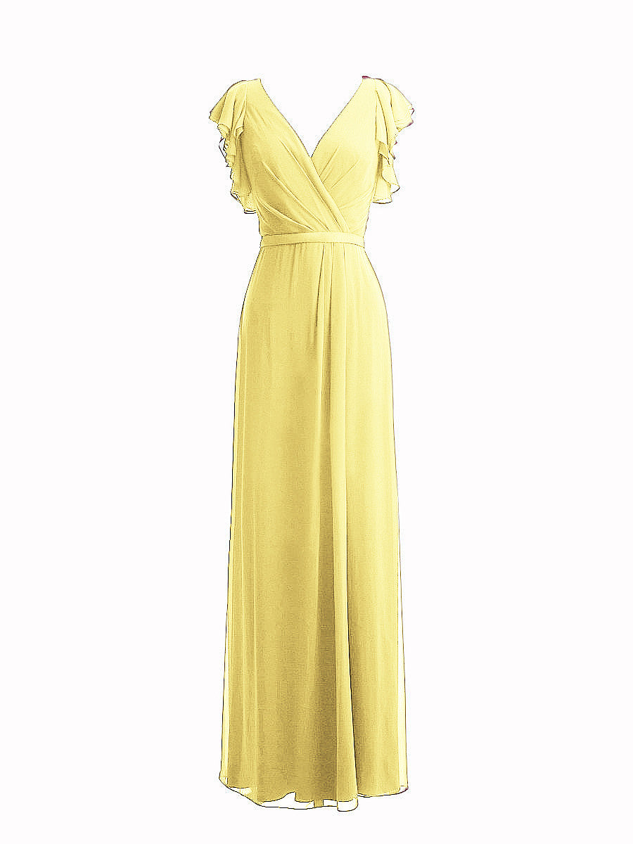 Chiffon Column V-Neck Sheer Sleeves Bridesmaid Dress-MB0117919