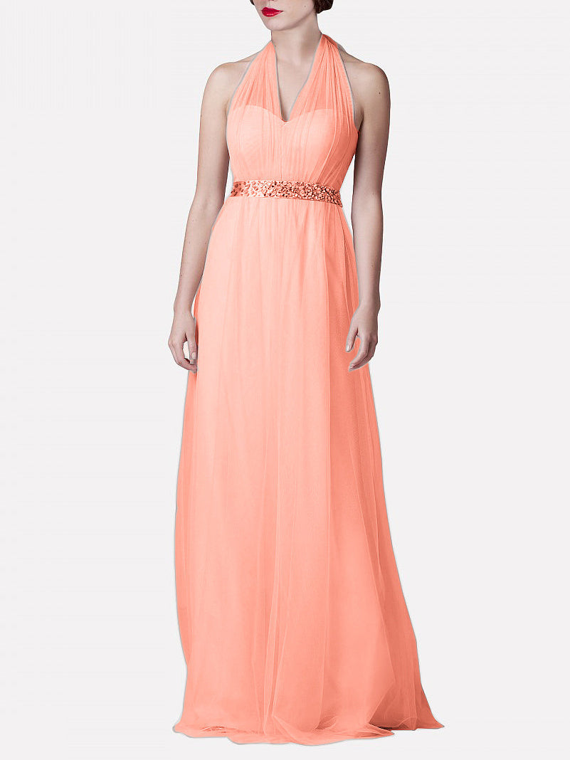 Tulle Column Convertible Sleeveless Bridesmaid Dress-MB0117921