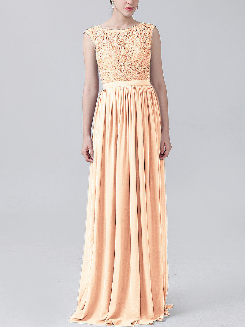 Lace Column Scoop Neck Sleeveless Bridesmaid Dress-MB0118227