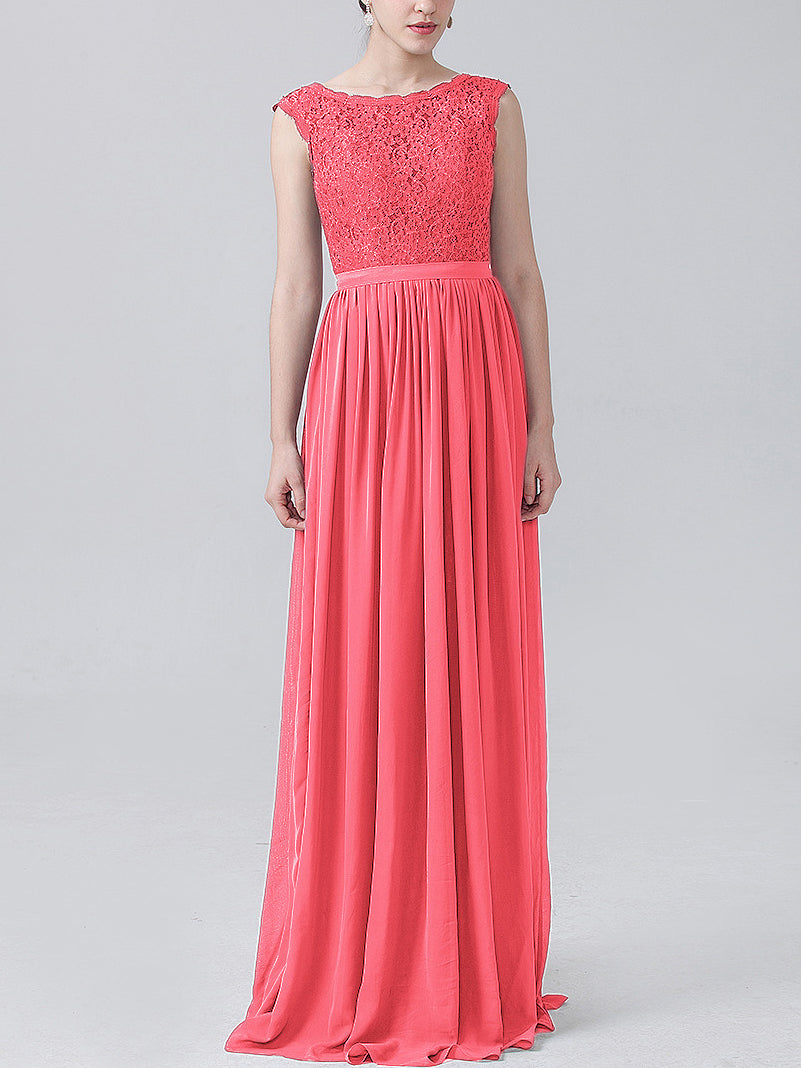 Lace Column Scoop Neck Sleeveless Bridesmaid Dress-MB0118227