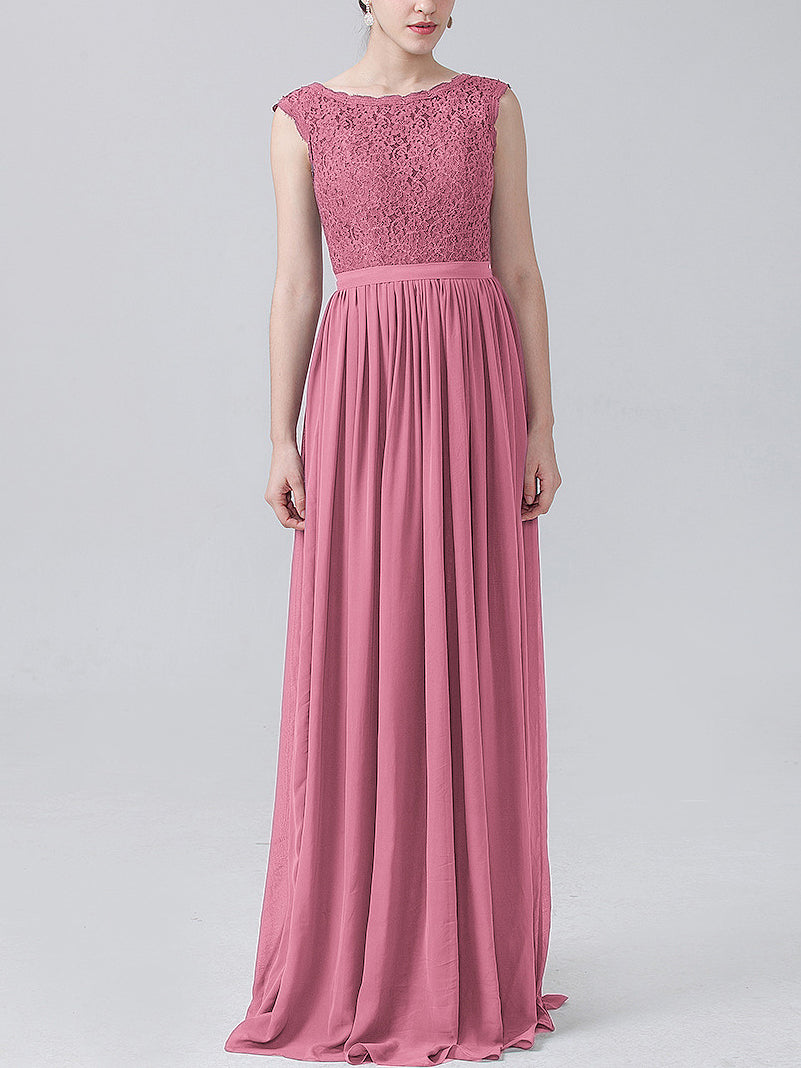 Lace Column Scoop Neck Sleeveless Bridesmaid Dress-MB0118227