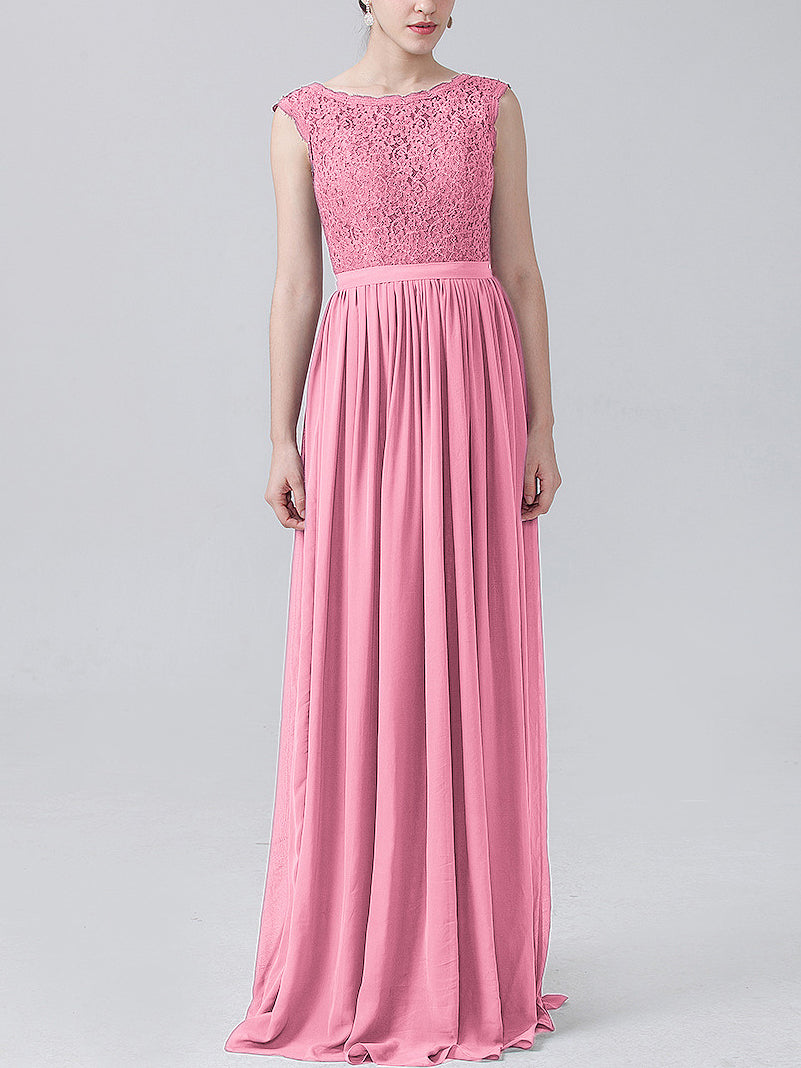 Lace Column Scoop Neck Sleeveless Bridesmaid Dress-MB0118227