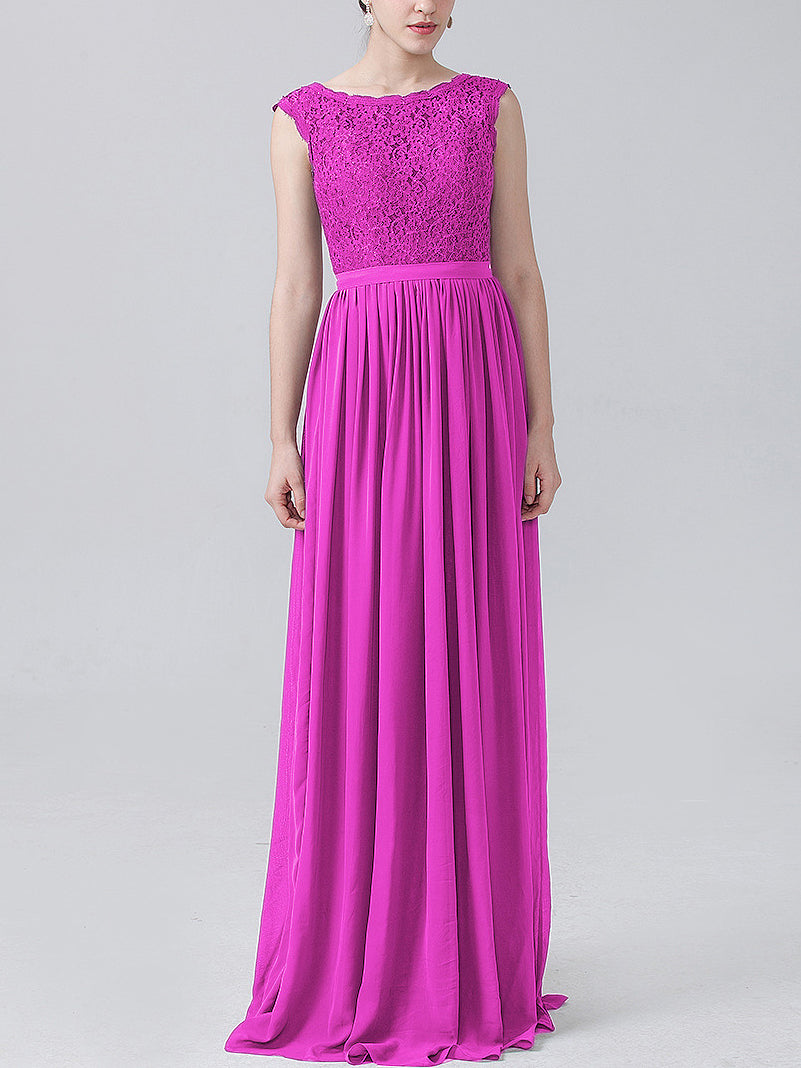 Lace Column Scoop Neck Sleeveless Bridesmaid Dress-MB0118227