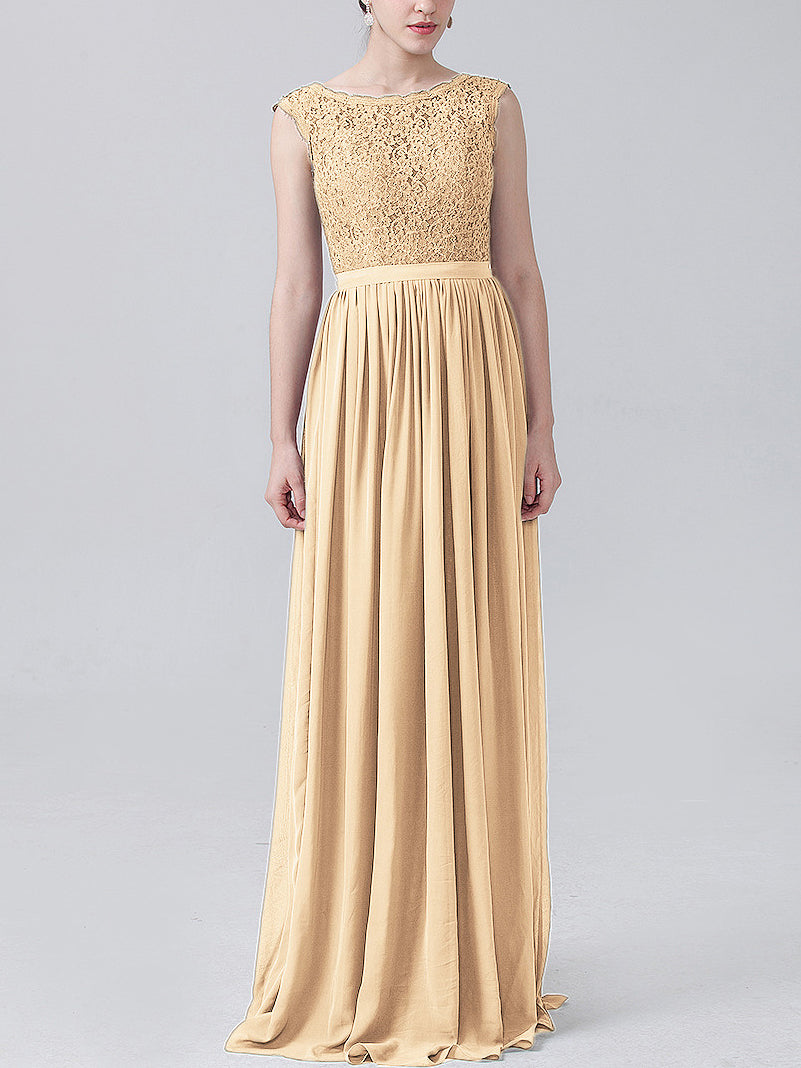 Lace Column Scoop Neck Sleeveless Bridesmaid Dress-MB0118227