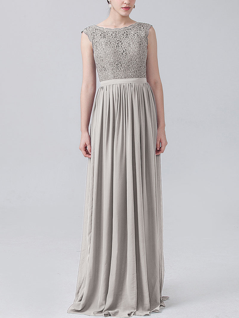 Lace Column Scoop Neck Sleeveless Bridesmaid Dress-MB0118227