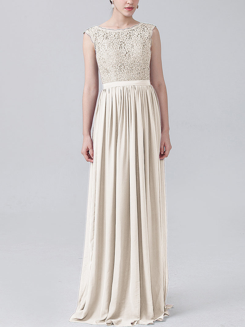 Lace Column Scoop Neck Sleeveless Bridesmaid Dress-MB0118227