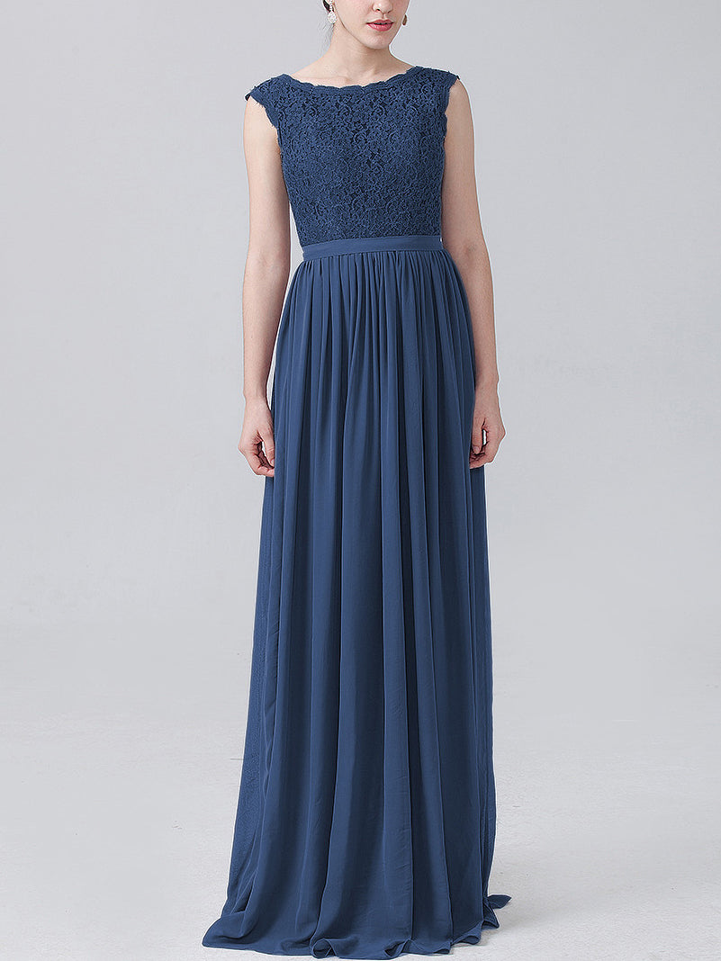 Lace Column Scoop Neck Sleeveless Bridesmaid Dress-MB0118227