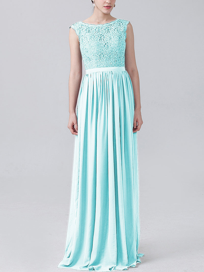 Lace Column Scoop Neck Sleeveless Bridesmaid Dress-MB0118227