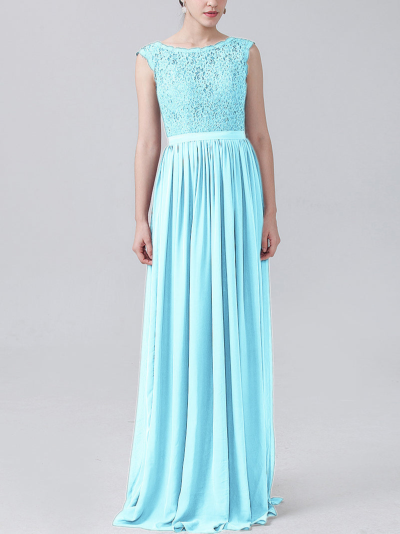 Lace Column Scoop Neck Sleeveless Bridesmaid Dress-MB0118227