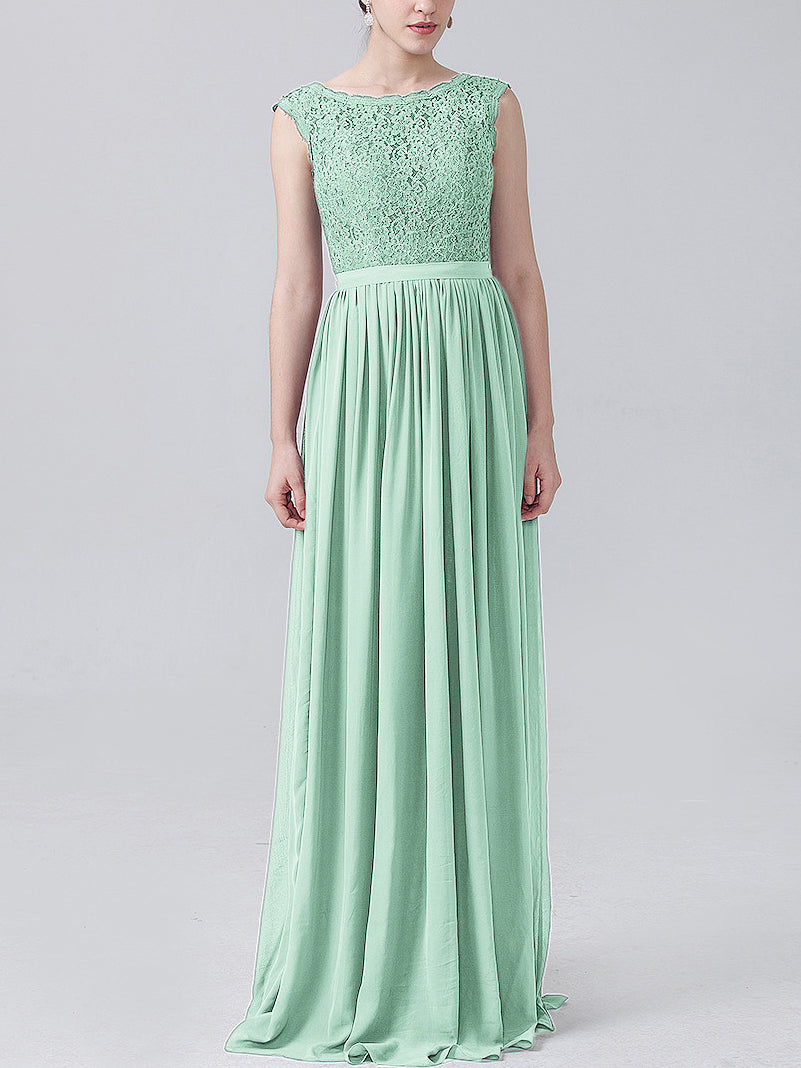 Lace Column Scoop Neck Sleeveless Bridesmaid Dress-MB0118227