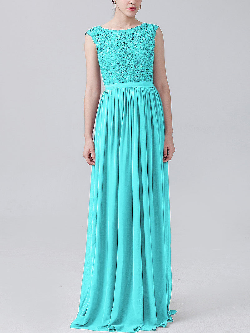 Lace Column Scoop Neck Sleeveless Bridesmaid Dress-MB0118227