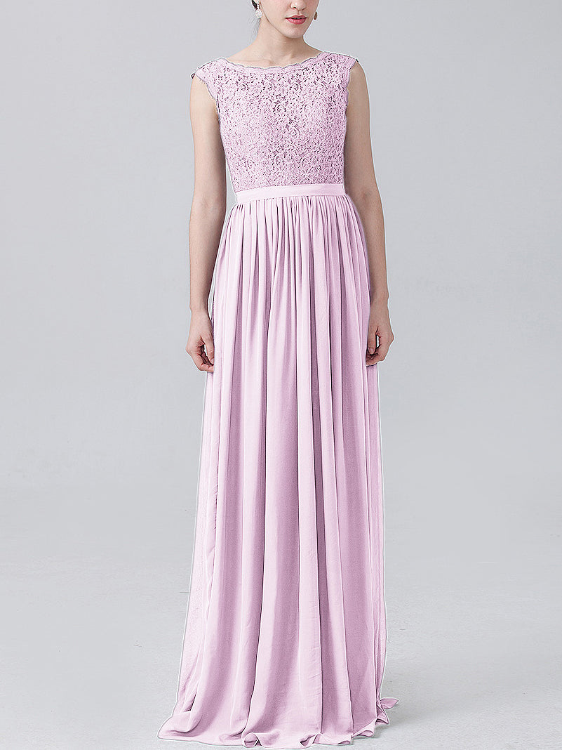 Lace Column Scoop Neck Sleeveless Bridesmaid Dress-MB0118227