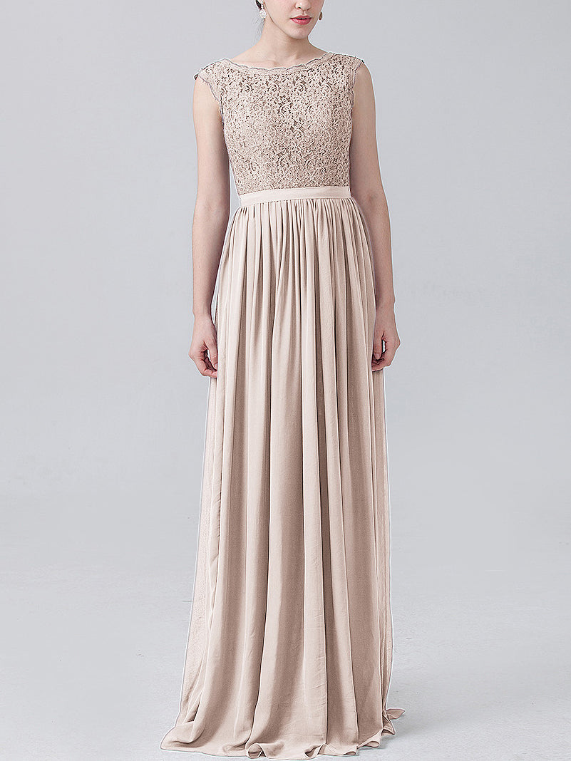 Lace Column Scoop Neck Sleeveless Bridesmaid Dress-MB0118227