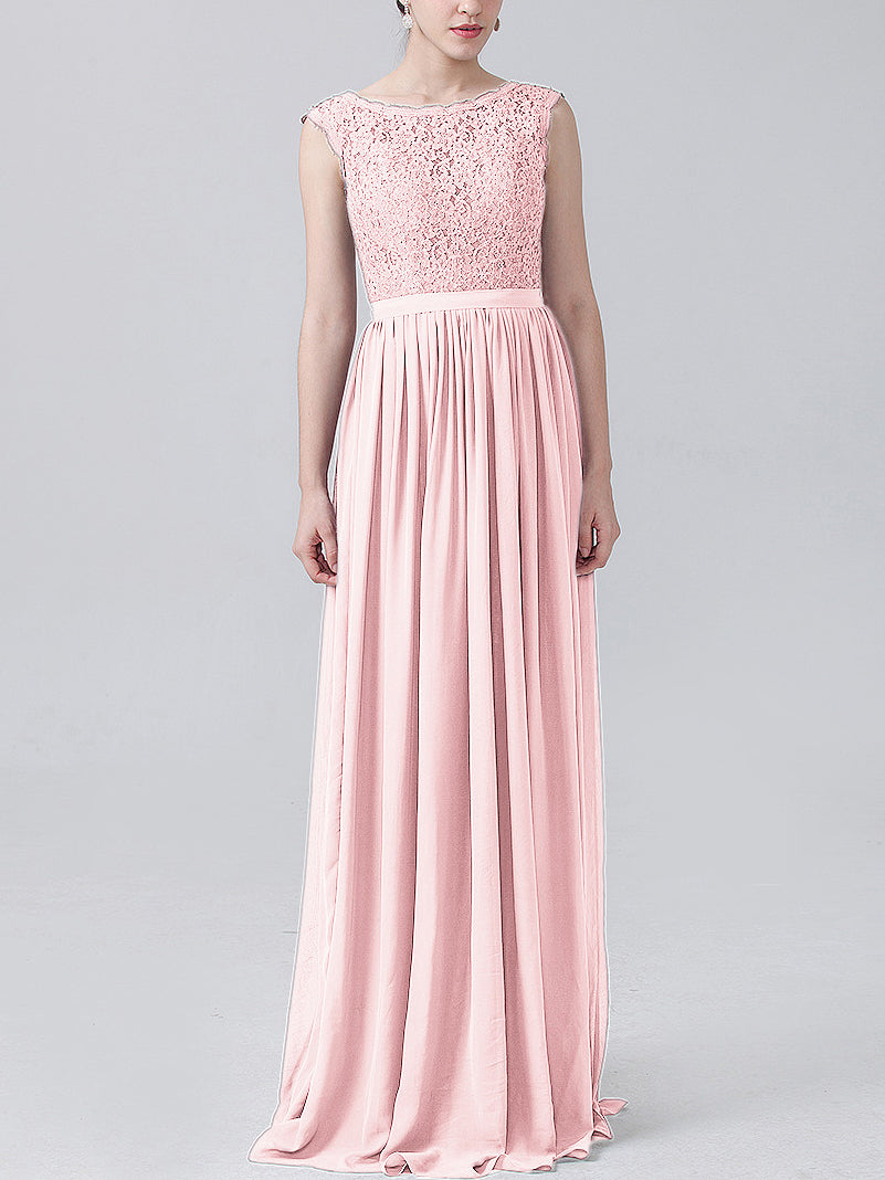 Lace Column Scoop Neck Sleeveless Bridesmaid Dress-MB0118227