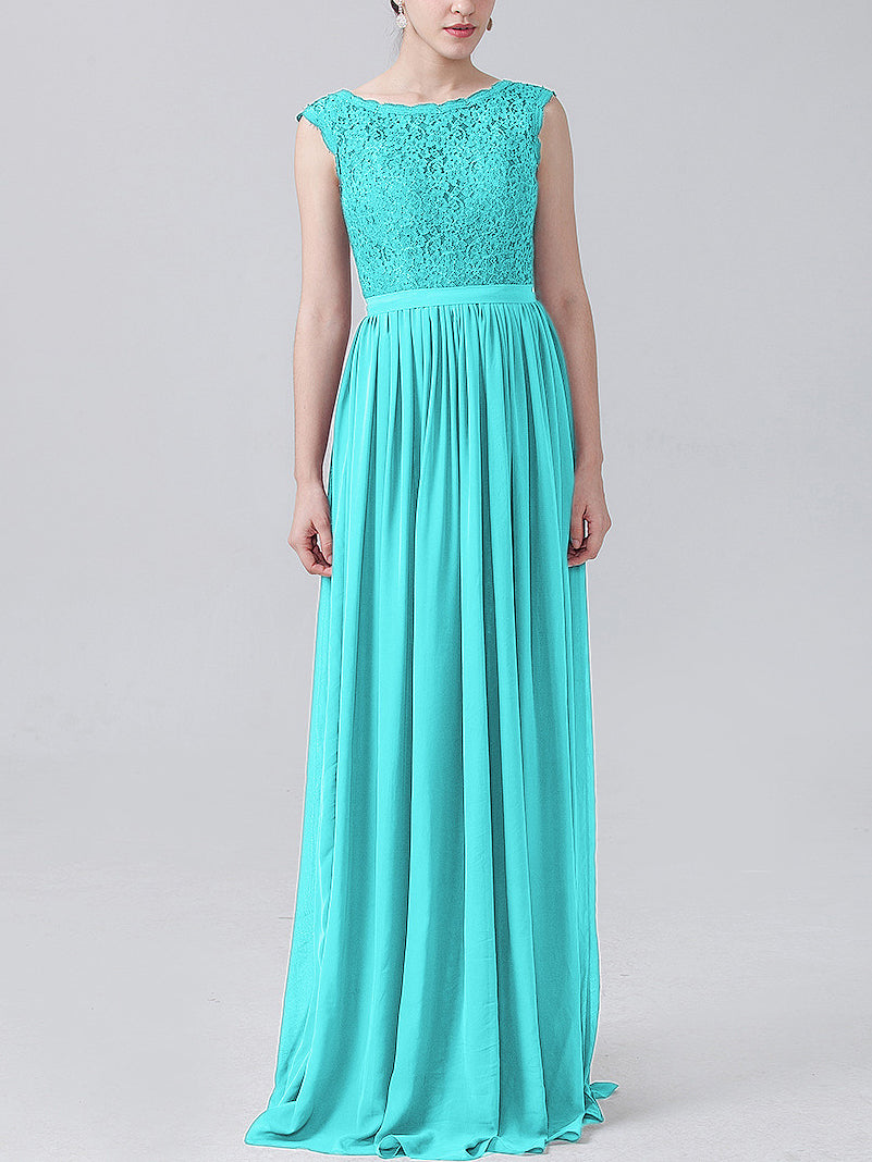 Lace Column Scoop Neck Sleeveless Bridesmaid Dress-MB0118227