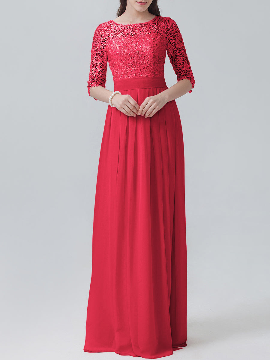 Lace Column Sweetheart 3/4-length Sleeve Bridesmaid Dress-MB0118248