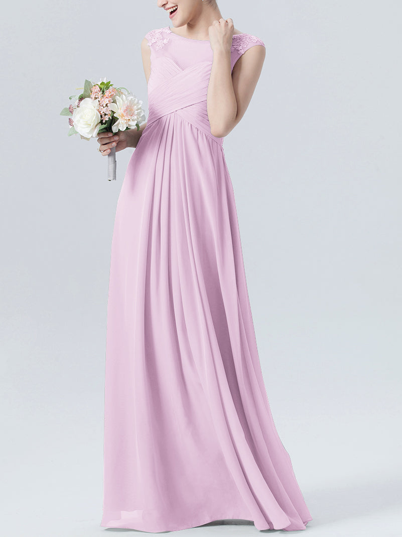 Lace Column Scoop Neck Sleeveless Bridesmaid Dress-MB0118313