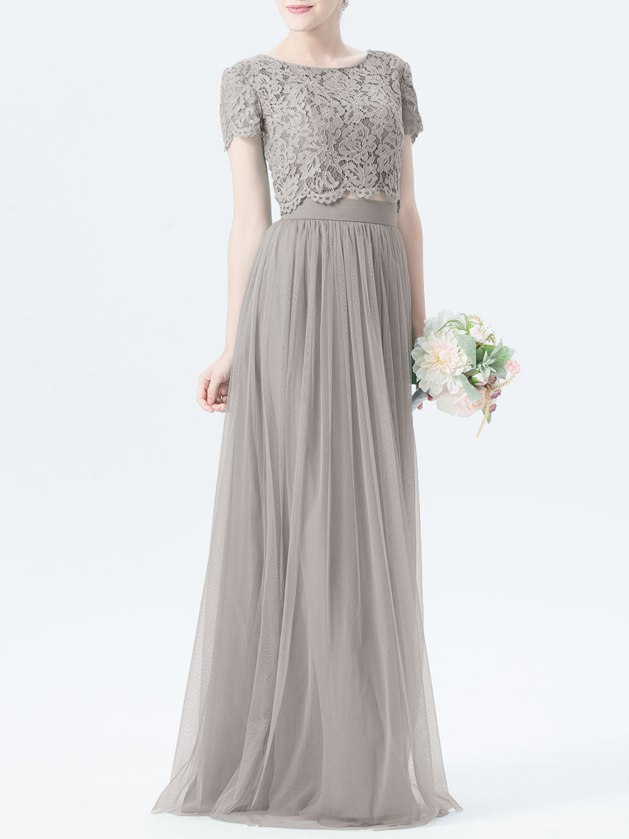 Lace Column Boat Neck Short Sleeves Bridesmaid Dress-MB0118320