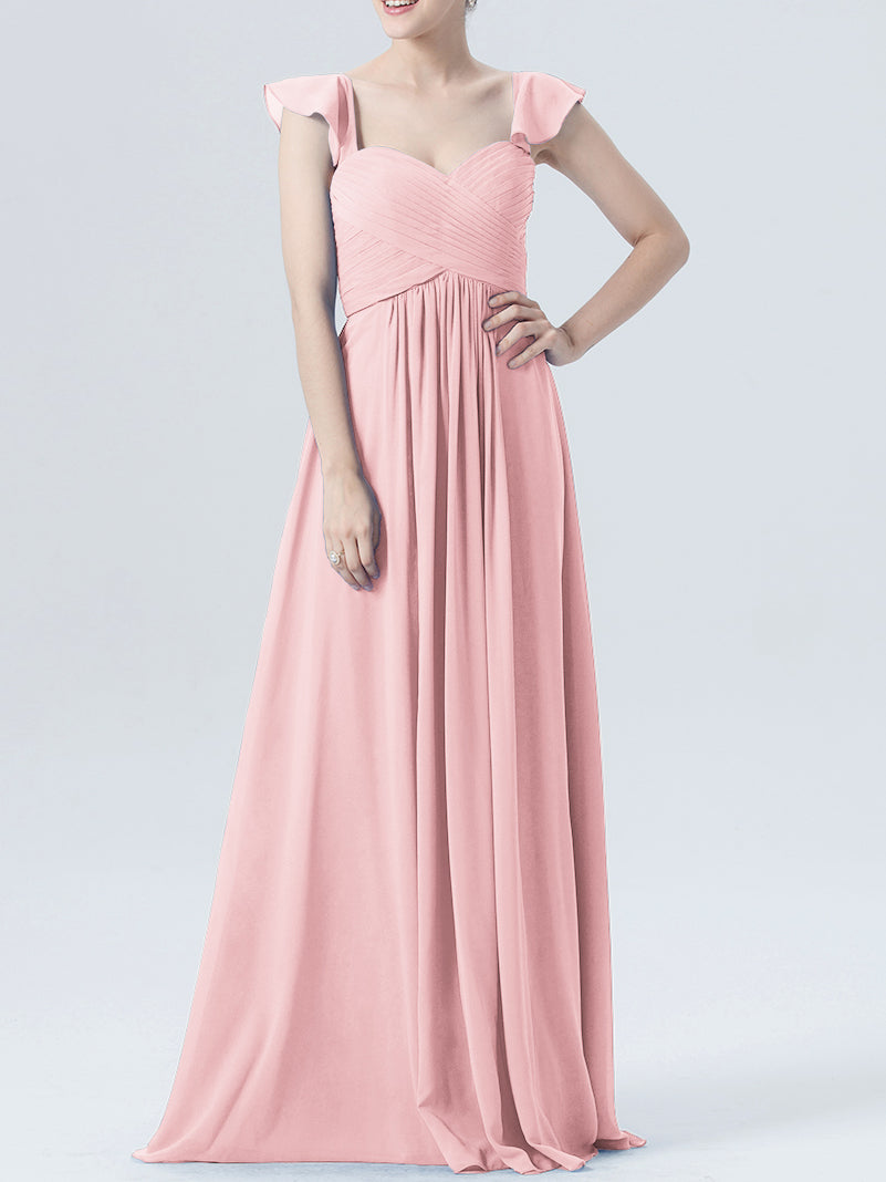 Chiffon Column Sweetheart Cap Sleeves Bridesmaid Dress-MB0118330