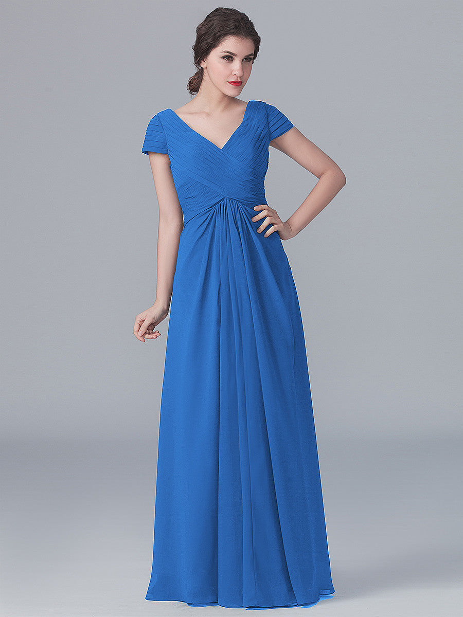 Chiffon Column V-Neck Short Sleeves Bridesmaid Dress-MB0119062