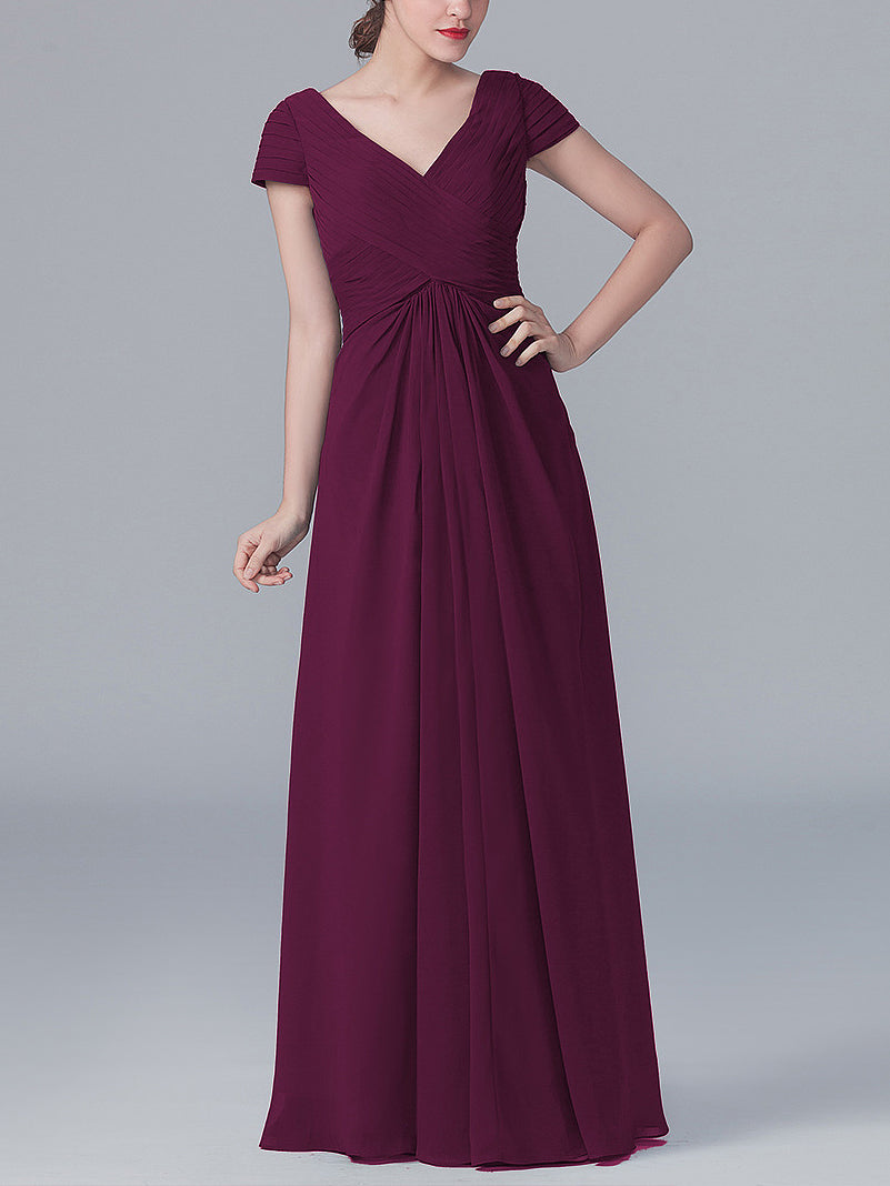 Chiffon Column V-Neck Short Sleeves Bridesmaid Dress-MB0119062