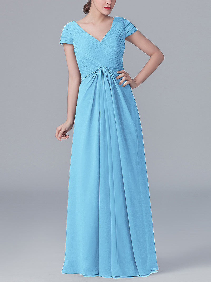 Chiffon Column V-Neck Short Sleeves Bridesmaid Dress-MB0119062