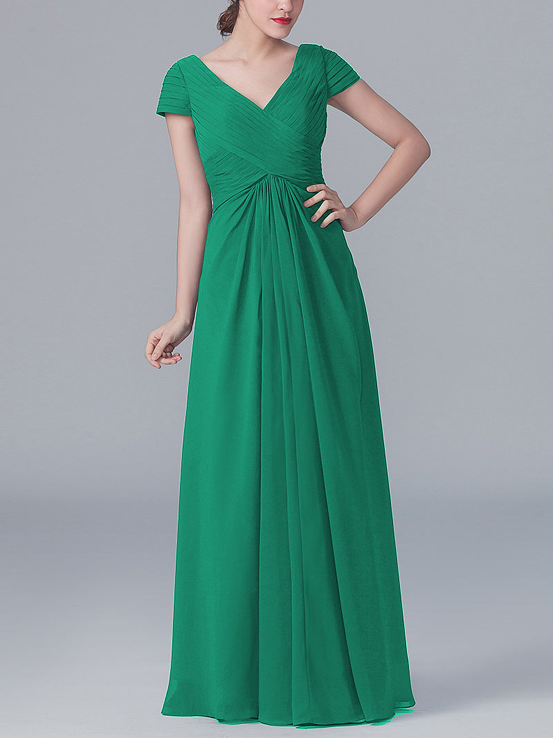 Chiffon Column V-Neck Short Sleeves Bridesmaid Dress-MB0119062