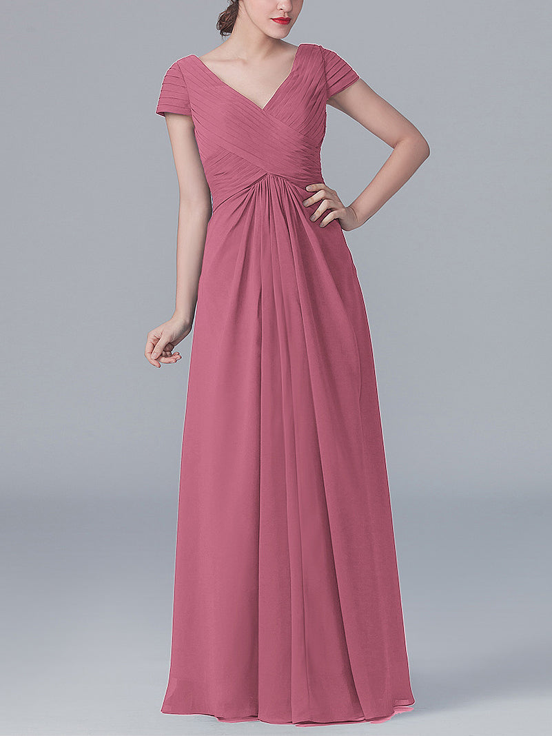 Chiffon Column V-Neck Short Sleeves Bridesmaid Dress-MB0119062