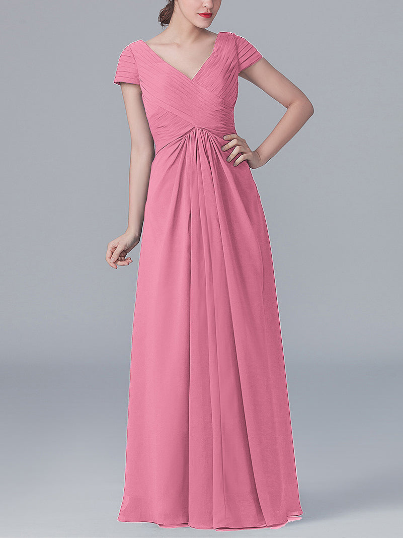 Chiffon Column V-Neck Short Sleeves Bridesmaid Dress-MB0119062