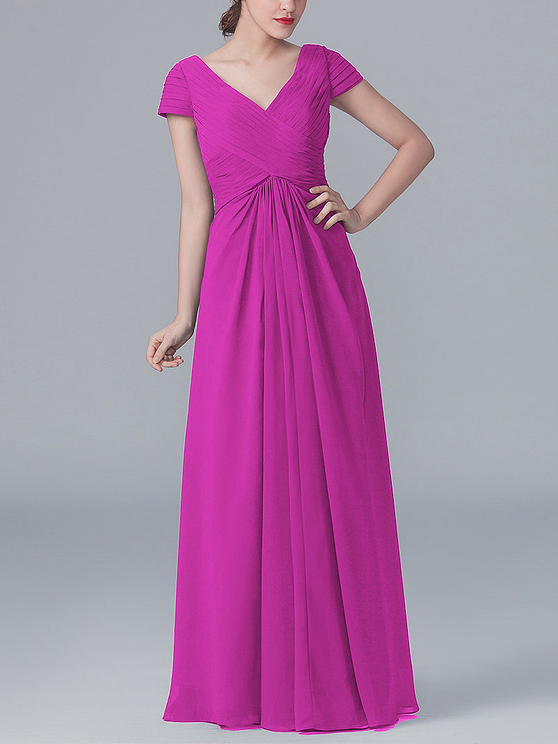 Chiffon Column V-Neck Short Sleeves Bridesmaid Dress-MB0119062