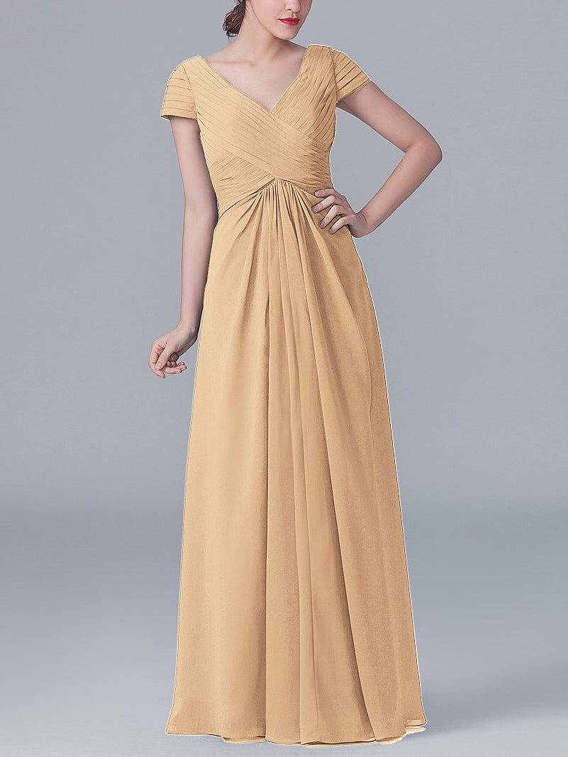 Chiffon Column V-Neck Short Sleeves Bridesmaid Dress-MB0119062