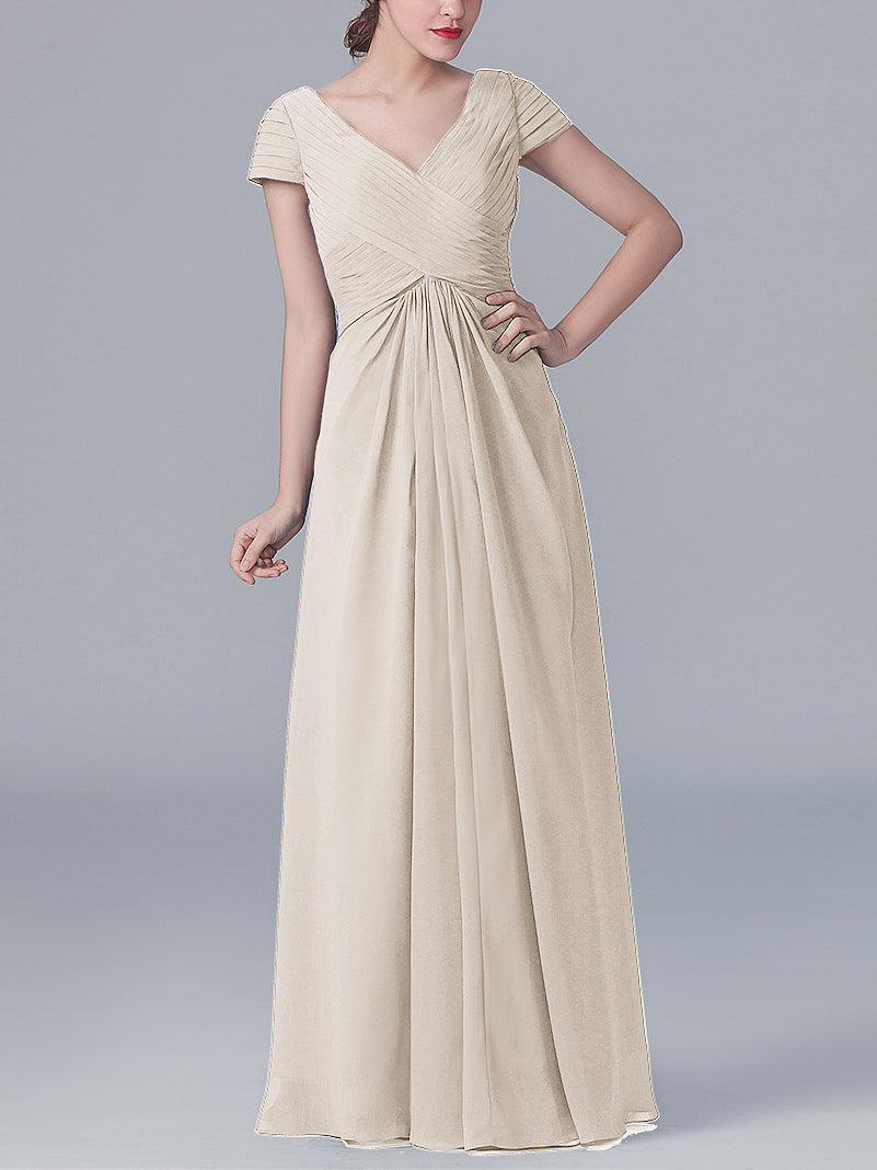 Chiffon Column V-Neck Short Sleeves Bridesmaid Dress-MB0119062