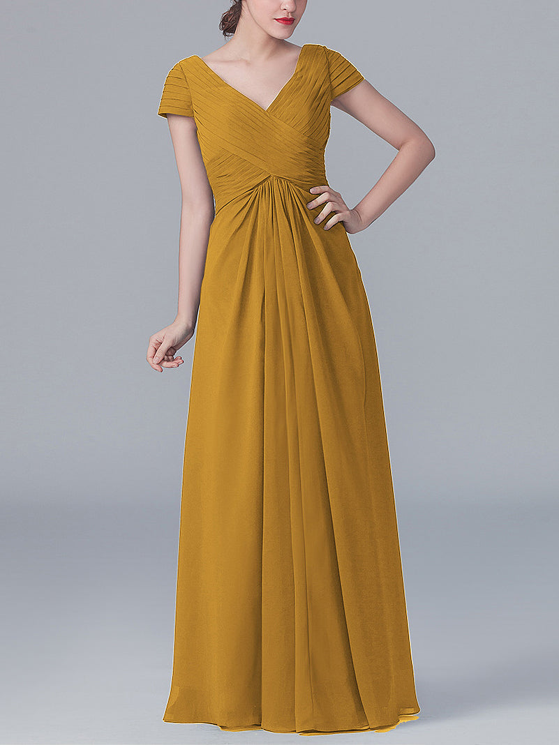 Chiffon Column V-Neck Short Sleeves Bridesmaid Dress-MB0119062