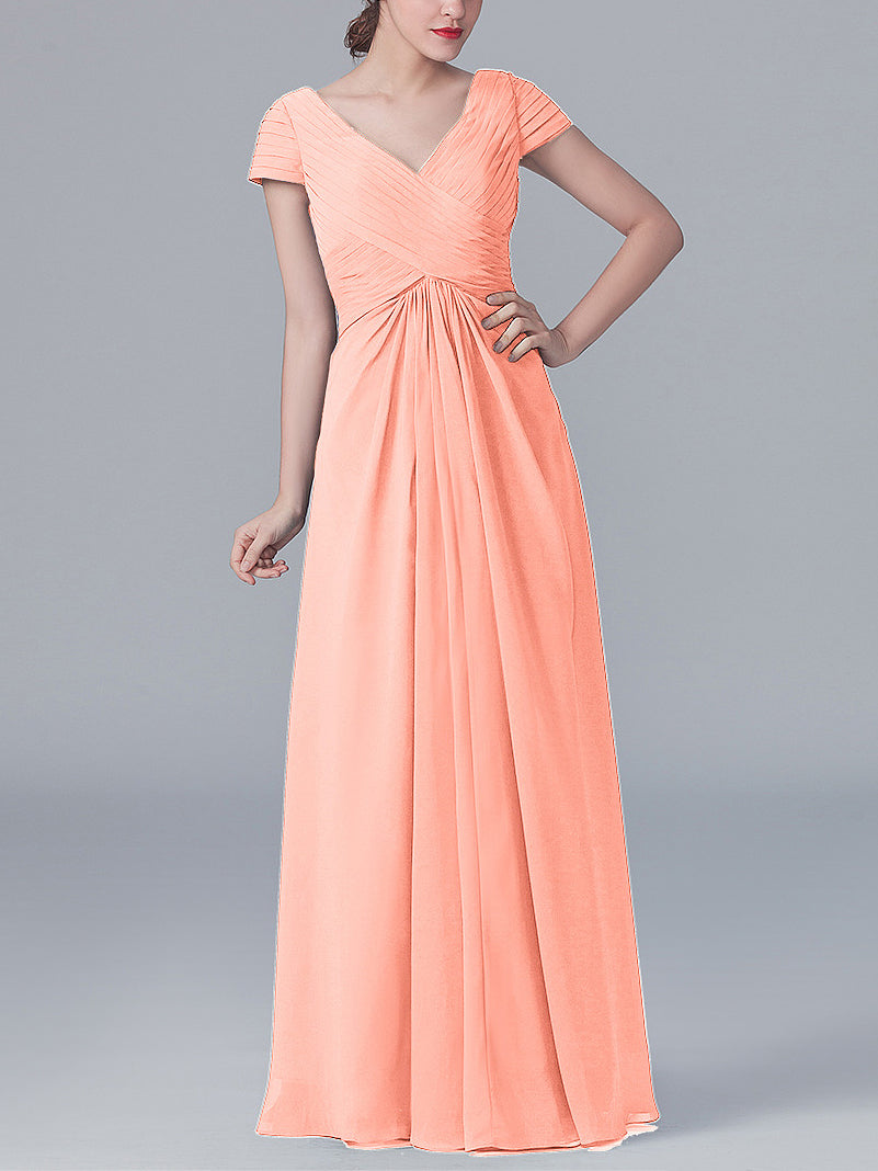 Chiffon Column V-Neck Short Sleeves Bridesmaid Dress-MB0119062