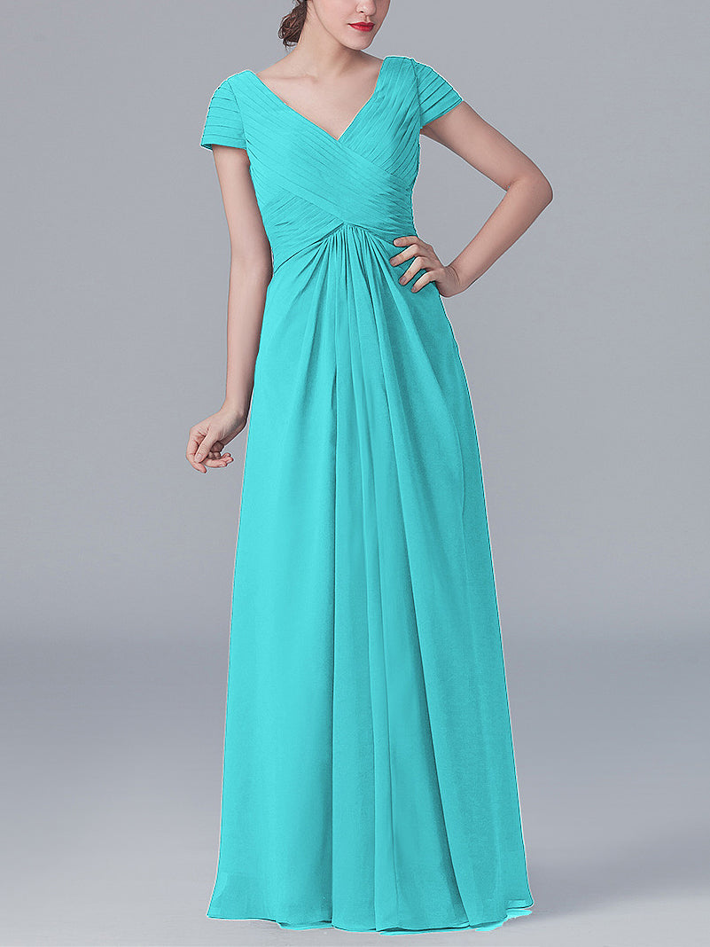 Chiffon Column V-Neck Short Sleeves Bridesmaid Dress-MB0119062